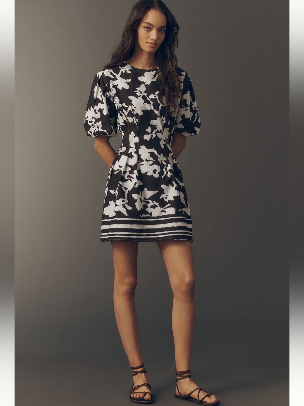 Anthropologie Coquette Exquise Tobie Brown Floral Puff Sleeve Mini Dress S NWT